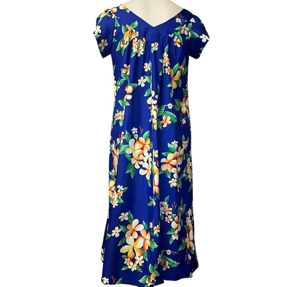 Vintage 12 Made In Hawaii Vibrant Blue Floral Hibiscus Maxi Dress Resortwear - Picture 6 of 8